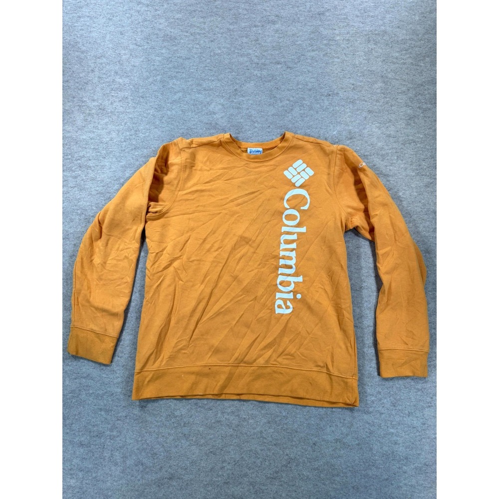 Columbia Sweatshirt Mens Medium Mustard Spellout Graphic Fleece Lined Crew Neck